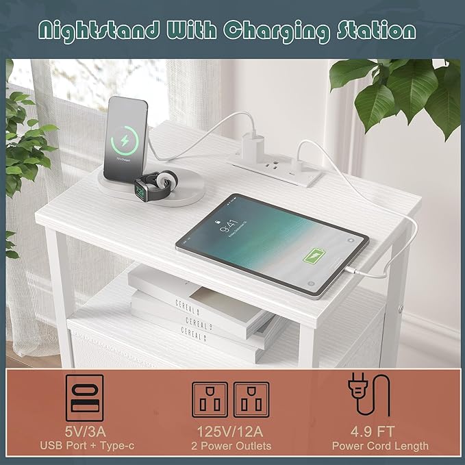 Nightstand with Charging Station,LED White Nightstands with 5 Fabric Drawers PU Finish, Bedside End Tables, 2-Tier Open Storage Shelf Side Table Nightstand with Drawers for Bedroom,White
