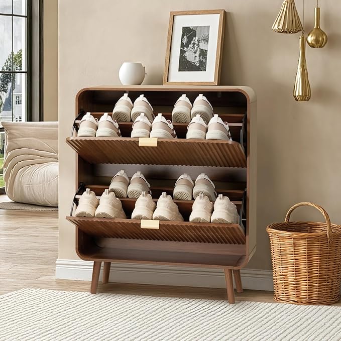 31.5" Fluted Shoe Cabinet with 2 Flip Drawers, Slim Freestanding Shoe Cabinet Organizer, Narrow Shoes Storage Rack for Entryway, 4 Sturdy Legs (Dark Walnut)
