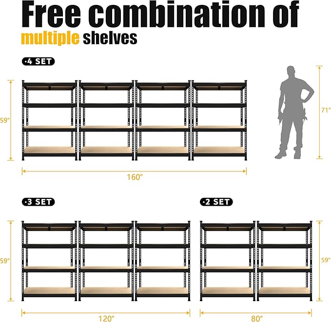 PrimeZone 40" W x 20" D x 59" H Heavy Duty Storage Shelves, 4 Tier Adjustable Garage Shelving Unit, Metal Organizer Shelf Utility Rack for Warehouse Pantry Closet Kitchen, Black