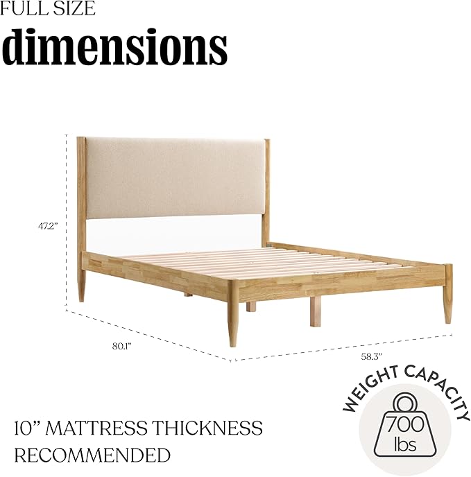 DG Casa Reign Boucle Mid-Century Modern Full Size Wooden Platform Bed Frame - Upholstered in Taupe Boucle - Solid Wood with Natural Finish