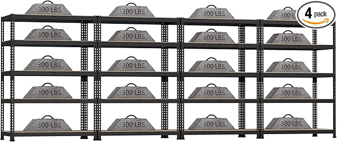 4 Packs 35.5" W x 16" D x 71" H Adjustable Garage Storage Shelves - 5-Shelf Heavy Duty Shelving Unit, Metal Utility Storage Organizer Racks for Warehouse Pantry Closet Kitchen, Black