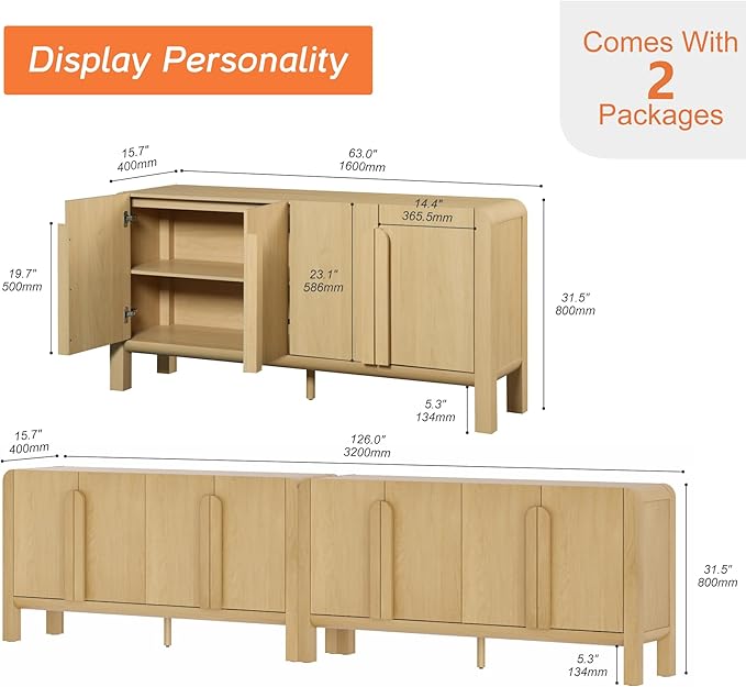 WAMPAT Modern TV Stand for TVs Up to 120 inches,126" W Farmhouse Entertainment Center with Adjustable Shelf and 4 Doors,Media Console Table TV Cabinet for Living Room,Oak