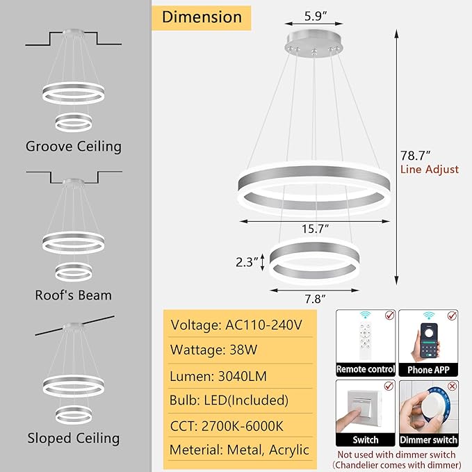D7.8''+15.7'' Modern Ring Chandelier for Dining Room LED Dimmable Pendant Lighting for Living Room Foyer Bedroom Entryway 3000K-6000K Silver