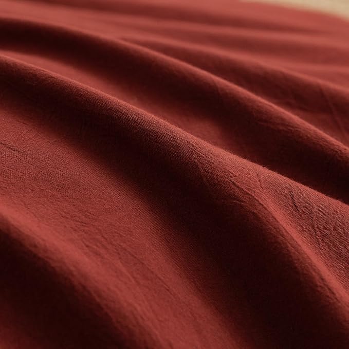 BESTOUCH Duvet Cover Set 100% Washed Cotton Linen Feel Super Soft Comfortable Chic Lightweight 3 PCs Home Bedding Set Solid Fired Brick Red Oversized King