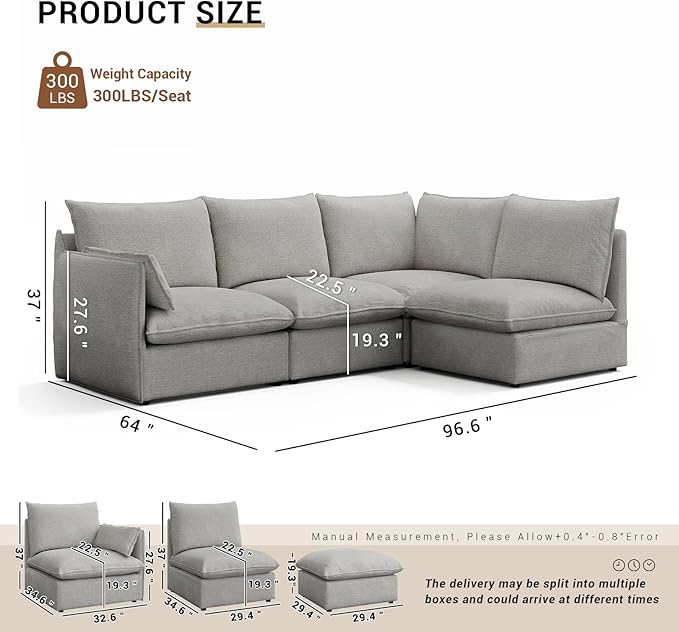 Cloud Sectional Couches for Living Room, Convertible Cloud Sofa Spill & Stain-Resistant with Removable Washable Cover & Down Feather Filled Cushions, 4 Seater V-Shaped Modular Sectional Sofa