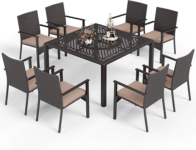 MFSTUDIO Outdoor Patio Dining Sets for 8, All Weather Square Cast Aluminum Outdoor Table and 6 Wicker Chairs, 7 Piece Patio Furniture Set for Deck, Backyard, Garden