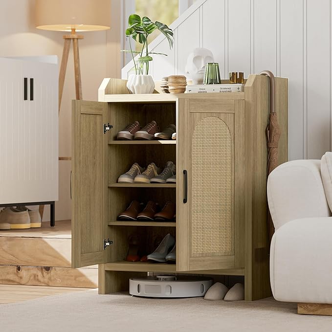Shoe Cabinet Storage for Entryway, Rattan Storage Cabinet, Wooden Shoe Rack with Doors, Farmhouse Boho Wood Shoe Organizer Cabinet for Hallway (Oak)