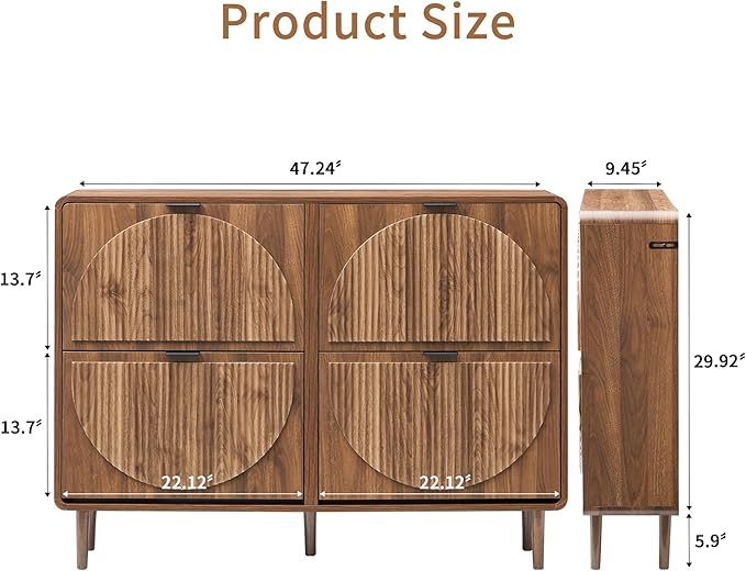 Shoe Storage Cabinet for Entryway, Narrow Shoe Organizer Cabinet, 4 Flip-Down Drawers, Round Fluted Panel, Hidden Wood Slim Shoe Rack for Foyer, Hallway (Walnut)