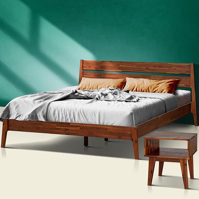 Acacia 2-Pcs King Bedroom Set Callisto – Solid Wood Platform Bed Frame with Headboard & Matching Nightstand, Mid-Century Modern, Walnut Finish, No Box Spring Needed, Sturdy, Easy Assembly