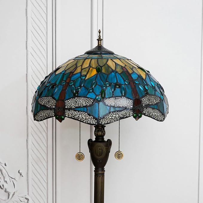 Tiffany Floor lamp Stained Glass Lamps for Living Room Bedroom Office Rustic Corner Standing Tall Vintage Light Kids Unique Pulling Chain Green Dragonfly Style Lighting