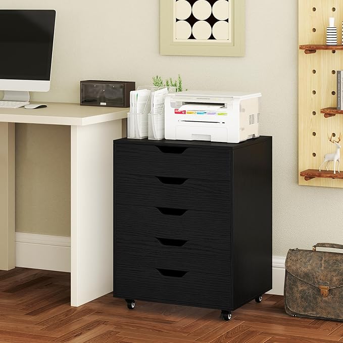 LOKO 5-Drawer Storage Cabinet, Versatile Drawer of Chest with Lockable Wheels, Mobile Office Lateral File Cabinet, for Home Office, Study (Black, 16" D x 19.5" W x 25.5" H)