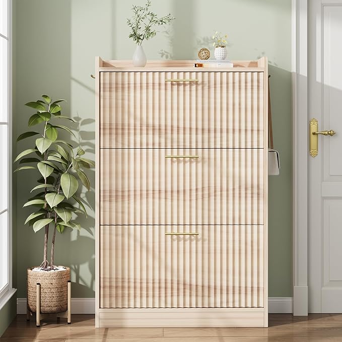 Shoe Storage Cabinet with 3 Flip Drawers, Fluted Freestanding Shoe Cabinet Storage for Entryway with Adjustable Shelf, Hidden Shoe Rack Cabinet for Foyer, Hallway (Natural Wood)