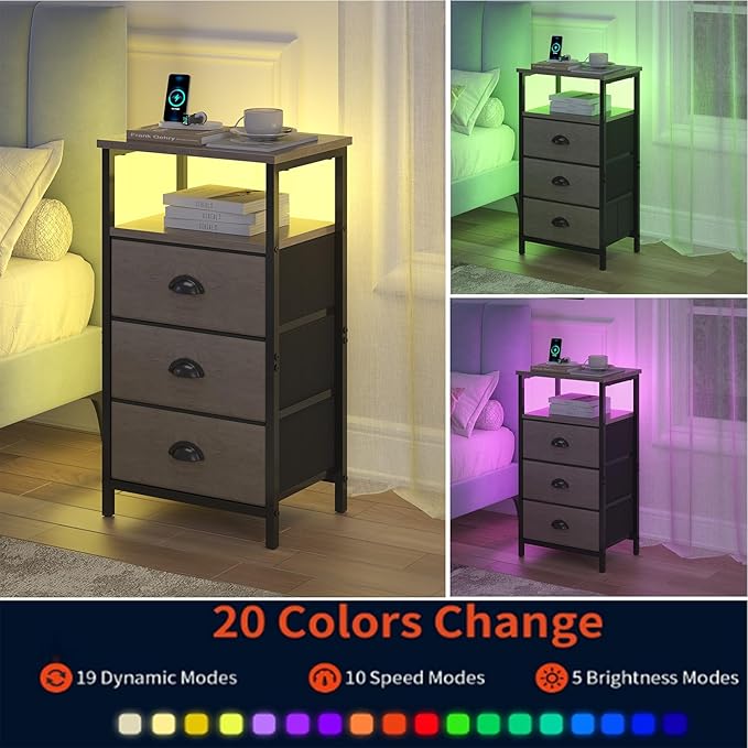 Nightstand with Charging Station,LED Nightstand with 3 Fabric Drawers, Bedside End Tables, 2-Tier Open Storage Shelf, Side Table Nightstand with Drawers for Bedroom,Grey