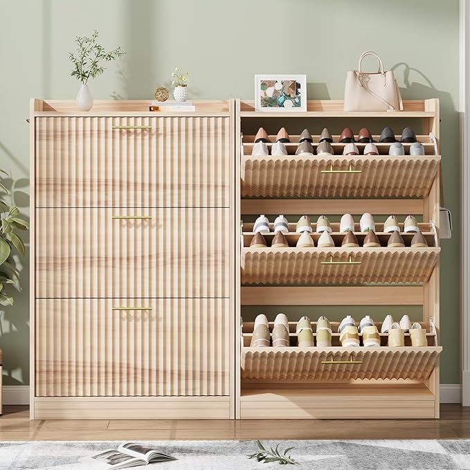 Shoe Storage Cabinet with 3 Flip Drawers, Fluted Freestanding Shoe Cabinet Storage for Entryway with Adjustable Shelf, Hidden Shoe Rack Cabinet for Foyer, Hallway (Natural Wood)