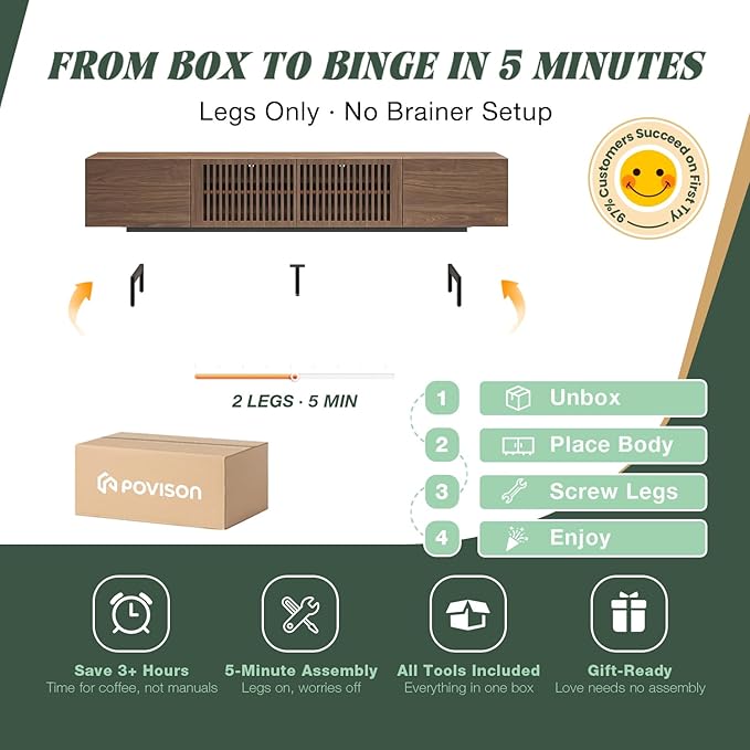 POVISON Full Assembled Mid-Century Modern TV Stand with Slatted Doors, Wood Media Console for 80 85+ Inch TV, TV Console with Tall-cast Metal Legs, Entertainment Center with Storage for Living Room