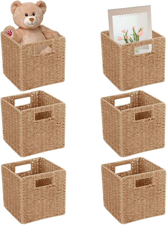 6 Pack 8.7 Inch Wicker Baskets, Hand Woven Paper Rope Storage Baskets, Foldable Cube Storage Bins Organizer Square Wicker Cubes for Shelves Pantry Organizing & Decor