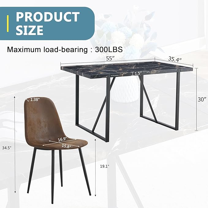 Dining Table Set for 4,Modern Rectangle Dining Table and Fabric Dining Chairs 4, 5 Piece Kitchen Table and Chairs for 4