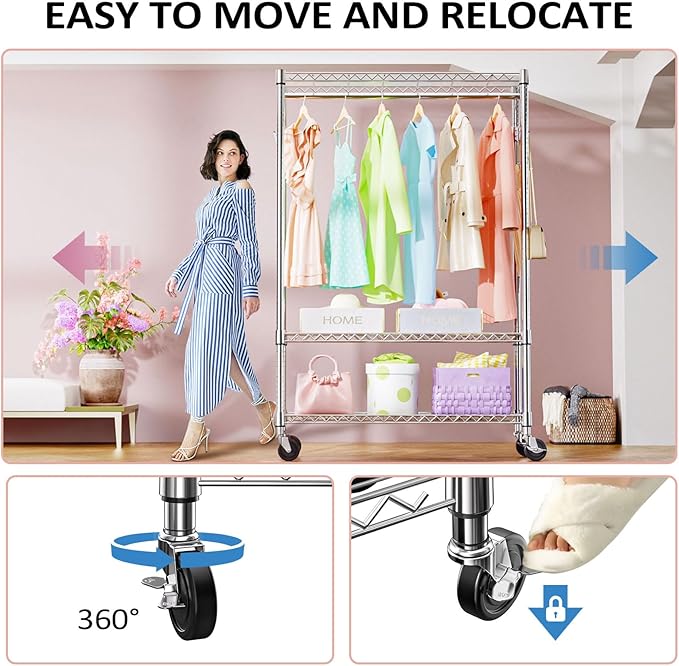 IZEUK 3 Tier Heavy Duty Rolling Garment Rack Wire Clothes Rack for Hanging Clothes, Metal Freestanding Closet Wardrobe Rack with 1 Rods and Wheels Chrome 15.7" D x 45.3" W x 75.6" H