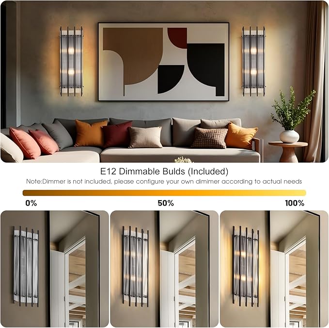 Modern Black Wall Sconce,25in Grand Rectangular Ribbed Glass Wall Sconces,Indoor Hardwired Wall Sconces for Large Spaces,for Living Room,Hallway,Stairway Sconces Wall Lighting,Included E12 Bulbs