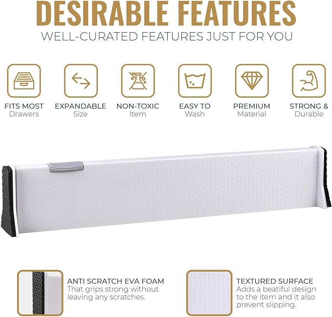 RAPTUROUS Adjustable Drawer Dividers 4 Pack, 2.5" High, 13-22" Long, Dresser Drawer Organizer for Bedroom, Closet, Kitchen, Nursery, Office, Strong Hold, Soft Foam Edges, White