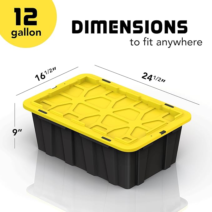 8 PACK of Medium 12 Gallon Plastic Storage Bin Tote Organizing Container with Ultra Durable Secure Latching Lids, Stackable, Extra Strength Clear with Built in Handle - Black and Yellow