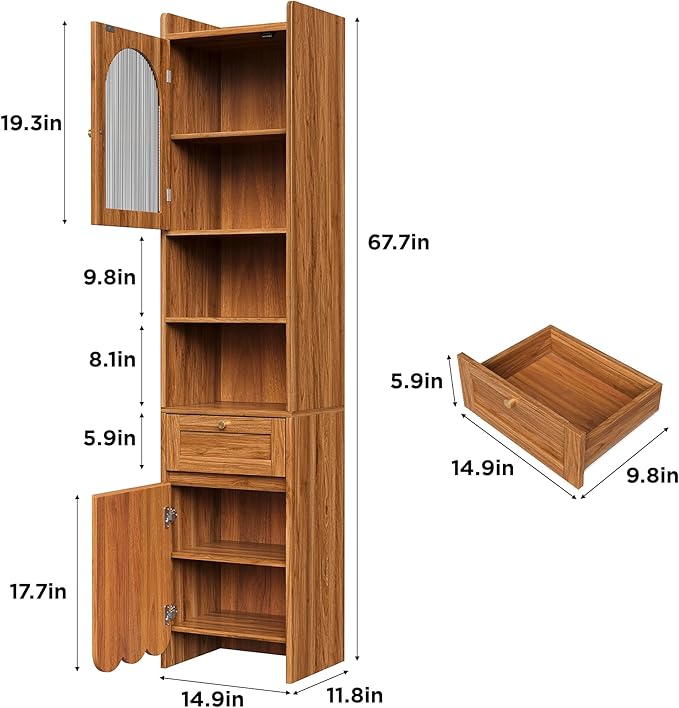 Tall Bathroom Storage Cabinet with 1 Drawer and 2 Doors - Modern Bath Organizer, Slim Freestanding Storage for Bathroom Essentials (11.8 Inches Wide), Brown