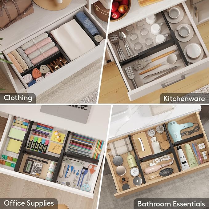 Lifewit 6 Pack Drawer Dividers 4" High, 11-17" Adjustable Drawer Organizers for Clothes, Expandable Dresser Separators in Bedroom/Bathroom/Kitchen/Fridge/Office Organization and Storage, Black