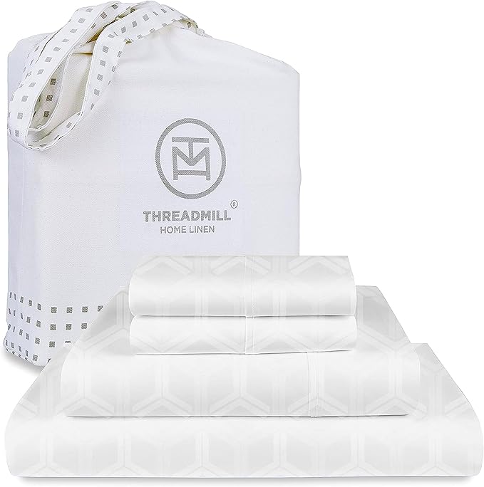 Threadmill 100% Cotton Sheets for Full Size Bed - 600 Thread Count Full Bed Sheets Set with 16” Deep Pocket - Jacquard Sateen Weave 4-Piece Bedding Set with Cooling Effect, Light Grey