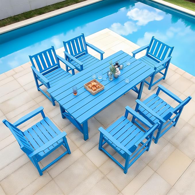 QUASCO 7-Piece Patio Dining Table Sets, Outdoor HDPE Dining Furniture Set Umbrella Hole Cut-Out Table and 6 Chairs for Backyard, Lawn, Deck and Poolside, Blue
