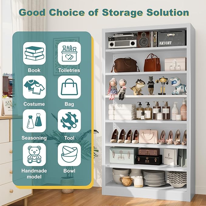 Heavy-Duty Steel Storage with 6 Adjustable Shelves , Metal Shelving Unit for Pantry, Office,Coffee Station– Easy Assembly, Multi-level Organizational Space(White, 7 Tier-55"H x 27.6"W x 11.8"D)