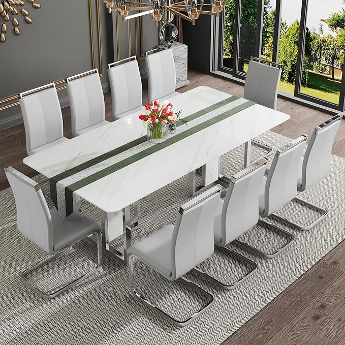 79'' Modern Dining Table Set for 10,White Kitchen Table Set,Luxury Dining Table Set with 1.8-inch Thick Faux Marble Table Top＆10 Pu Leather Upholstered Chairs Ideal for Dining kicken Room