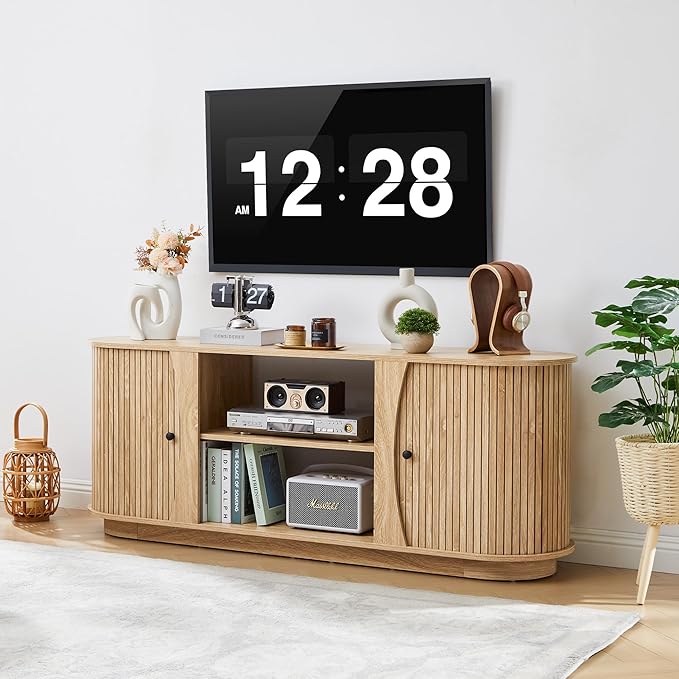 Turtle & Myrtle 63" Mid Century Modern TV Stand for Tvs up to 70", Fluted TV Media Console Table with Storage and Adjustable Shelves, Curved Edge Entertainment Center for Living Room(Natural)