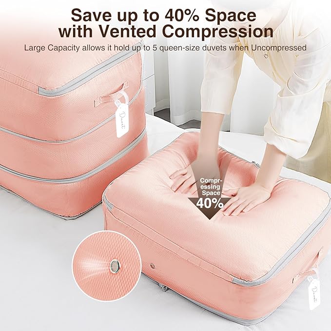 1 Pack Compression Storage Bags - 110L Large Capacity Comforter Storage Bag, 3-Layer Washable Ultra Space Saving Self Compression Organizer Space Bags for Blankets, Sweaters, Sheets, Pink
