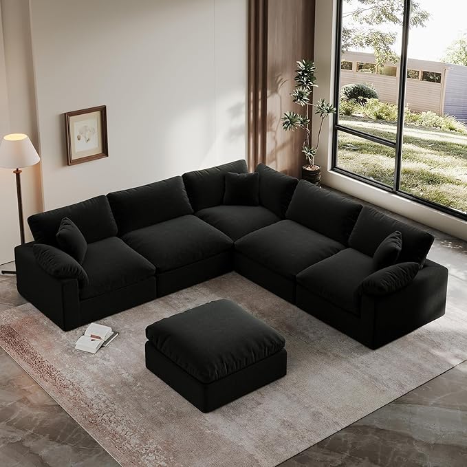 Oversized Cloud Sectional Couch for Living Room, 110.8" Comfy Down Filled Sofa Couch, 5 Seater Modular Sectional Sofa with Ottoman, Deep Seat Modular Couches Removable Covers, Black