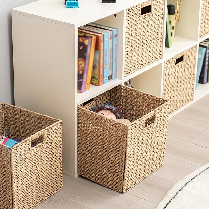 Handwoven Paper Woven Cube Basket Organizer with Handles set of 4 Foldable Storage baskets for Bedroom Living Room Cubby Storage Units for Clothes Books Toys (Natural, 13" L x 13" W x 13" H)