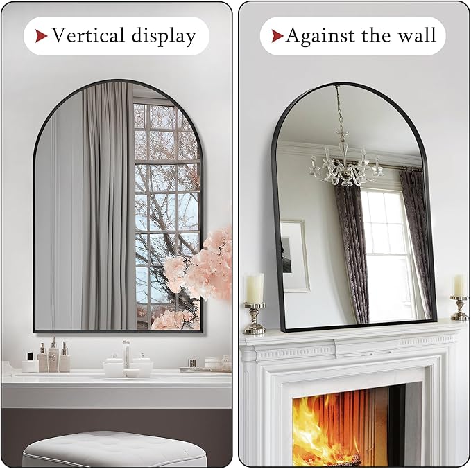 28" x 36" Black Arched Mirror, Large Arch Bathroom Wall Mirror, Metal Frame Arched Top Bathroom Vanity Mirror for Living Room, Bedroom, Entryway, Tempered Glass, Shatter Proof