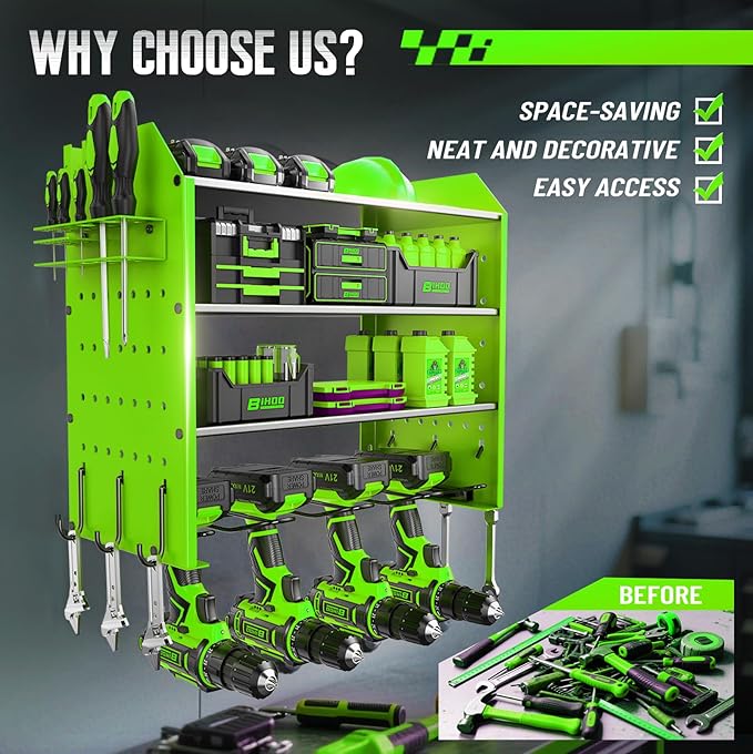 Power Tool Organizer Wall Mount, 4 Tier Tool Organizer For Space Saving,Used For Electric Drills, Saws And Toolbox Parts, Wall Hooks