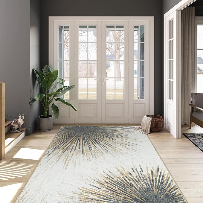 Lahome Modern Rugs for Living Room 5x7 Rug - Machine Washable Rugs Throw Soft Bedroom Area Rug Ultra-Thin Non-Slip Dining Room Rug, Abstract Print Carpet Rug for Office Kitchen (Gold/Gray, 5'x7')