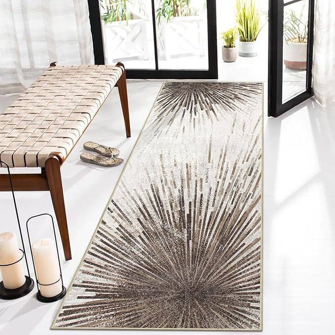 Lahome Modern 2.5x8 Washable Runner Rug, Non-Slip Stain Resistant Ultra-Thin Kitchen Hallway Runner, Abstract Print Carpet Rug for Hallway Bedroom Laundry - Brown/Gray
