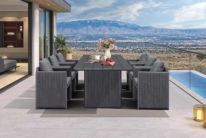 PURPLE LEAF 7 Pieces Patio Dining Set All-Weather Modern Outdoor Furniture Set Aluminum Dining Table and Chairs with Olefin Cushions Pillows for Garden Backyard Kitchen Grey