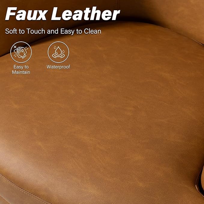 Swivel Barrel Chair, Modern Round PU Leather Accent Armchair for Living Room, Bedroom, Comfy Club Reading Chairs for Adults (Leather Light Brown, Set of 1)