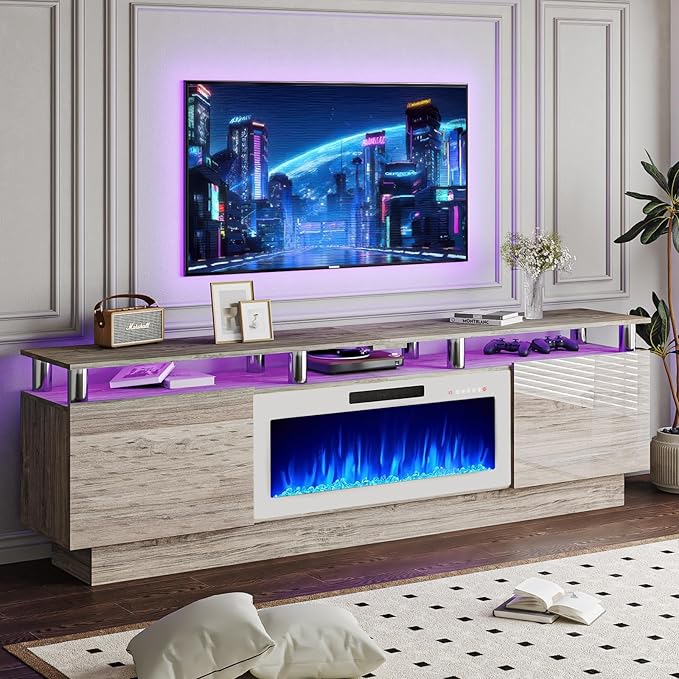80" Modern Fireplace TV Stand with 36" Electric Fireplace for TVs Up to 90 inch, Luxury LED Light Entertainment Center with High Gloss Cabinet, Grey + Silver Posts with White Fireplace