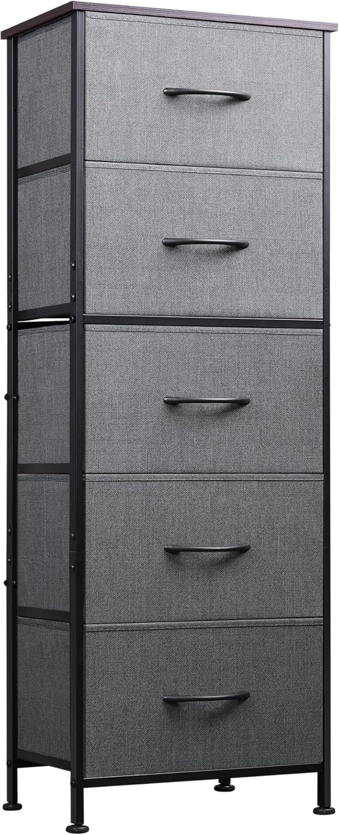 WLIVE Fabric Dresser, 5-Drawer Tall Dresser for Bedroom, Storage Dresser Organizer with Fabric Bins, Wood Top, Sturdy Steel Frame, Chest of Drawers for Closet, Hallway, Dark Grey