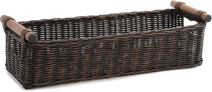 The Basket Lady Long Narrow Pole Handle Wicker Basket, Large, 21 in L x 8 in W x 6 in H, Antique Walnut Brown