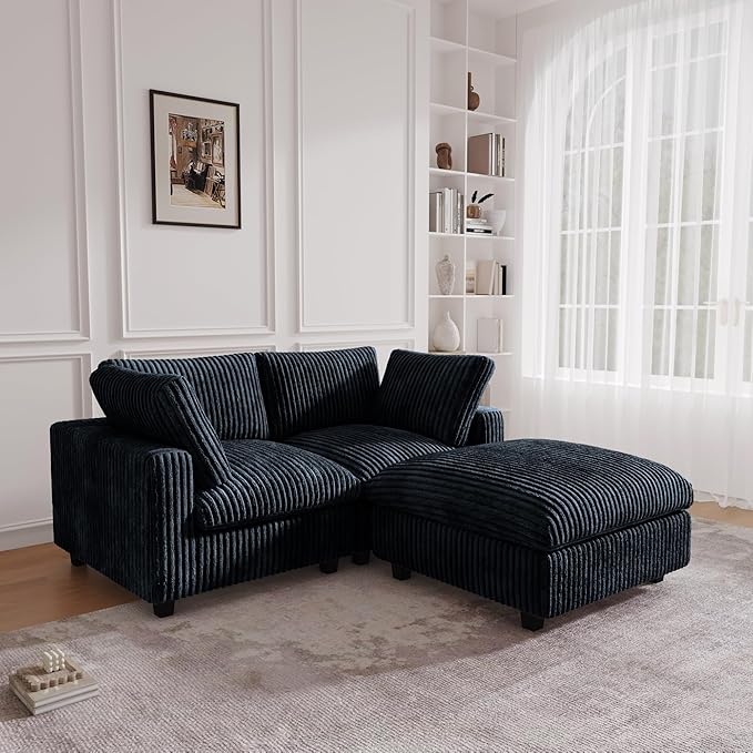 JACH 78.74" Love Seat Sectional Couches, Convertable Modular Sofa with Chaise Ottoman, Modern Deep Seat Couch, Sofa Covers Washable, Minimalist Plush Sofas for Living Room, Apartment, Black