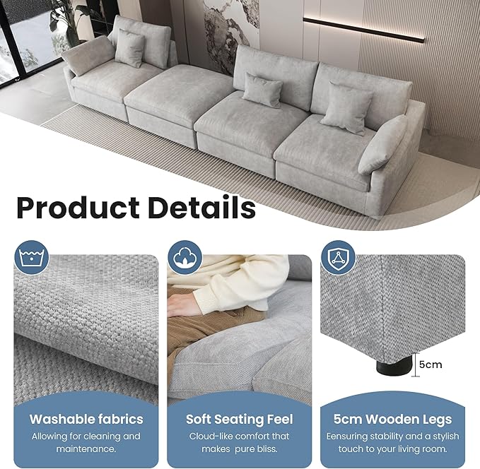 120" Cloud Couch Sectional for Living Room, L Shape Down Filled Modular Sectional Sofa Couch,Convertible Couched with Ottoman, Sofa Covers Washable&Replaceable,Gray