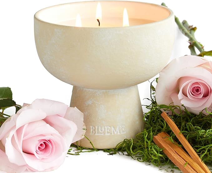 BLUEME Romance - Oakmoss & Sandalwood, Luxury Candle w/Essential Oils, 3 Wick, Hand-Poured Soy, Cotton Wick, Ceramic