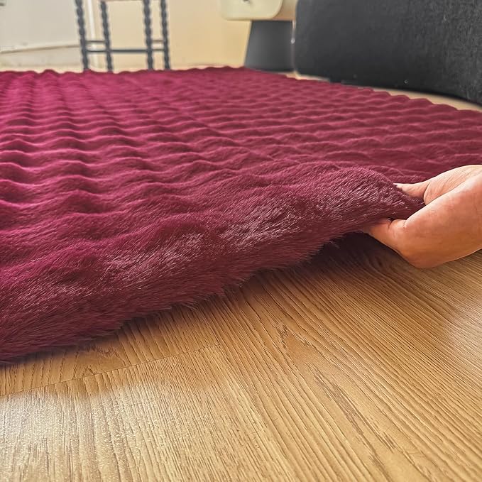 Wine Red Rabbit Plush Area Rug for Bedroom Living Room Sofa,4'X6' Faux Fur Fluffy Shaggy Rectangular Square Rug for Kids Teen Girls Room,Furry Carpet Rug for Nursery Baby Room Decor for Teenage