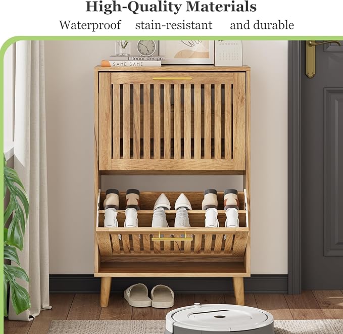 Shoe Storage Cabinet with Louvered 2 Flip Drawers, Narrow Shoe Cabinet Storage for Entryway, Freestanding Shoe Organizer Cabinet with Golden Handles, Slim Shoe Rack Cabinet 23.5in (Natural Wood)