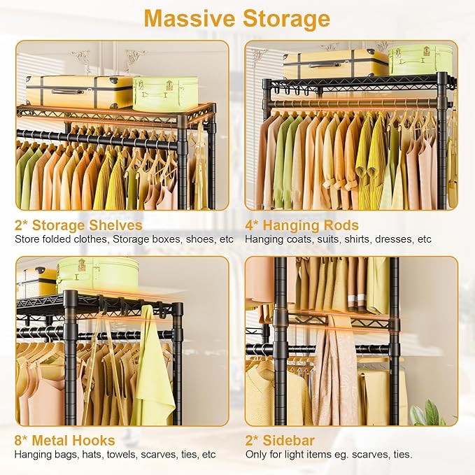 P4 Rolling Clothes Rack Heavy Duty, Clothing Racks for Hanging Clothes, Freestanding Garment Racks with Wheels, Metal Portable Closet Rack 35.5''W × 20.5''D × 80.5''H, Max Load 560Lbs, Black